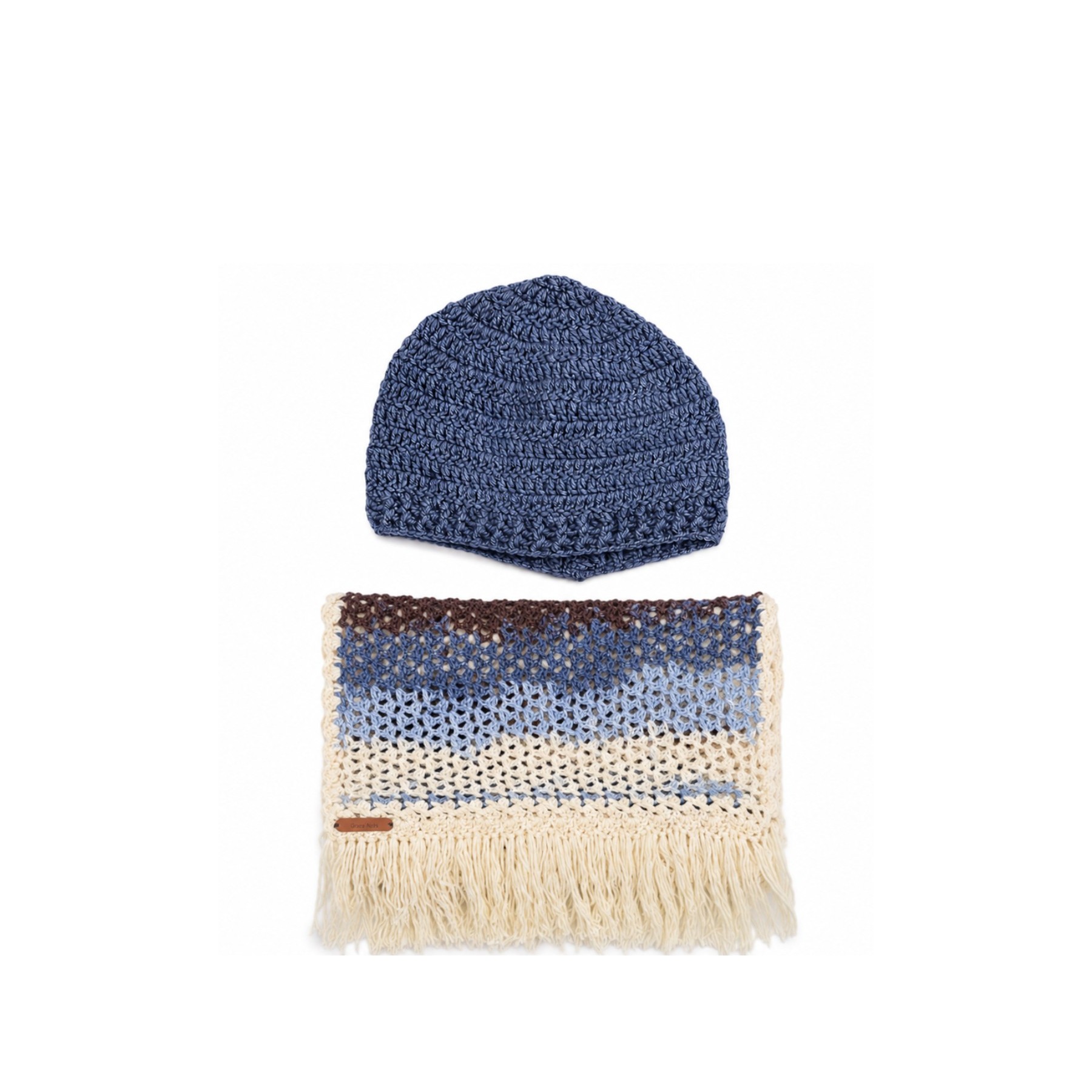 Handmade crochet beanie and scarf set in blue, cream and brown shades with textured stitch pattern and fringe details