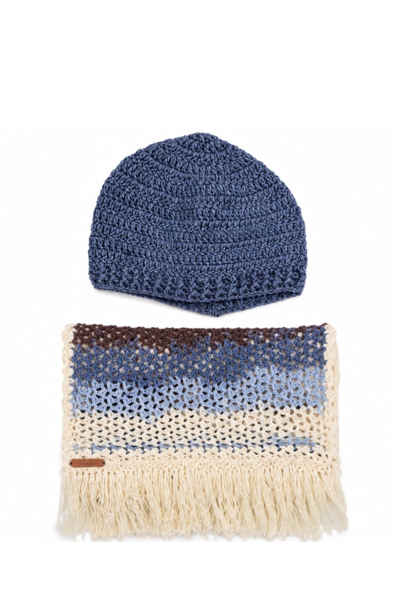 Handmade crochet beanie and scarf set in blue, cream and brown shades with textured stitch pattern and fringe details