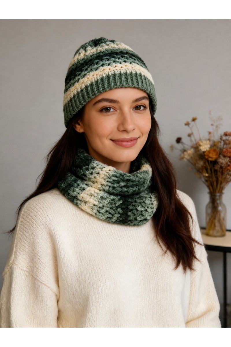 Handmade crochet neck warmer in sage green and cream tones styled in an elegant winter look.