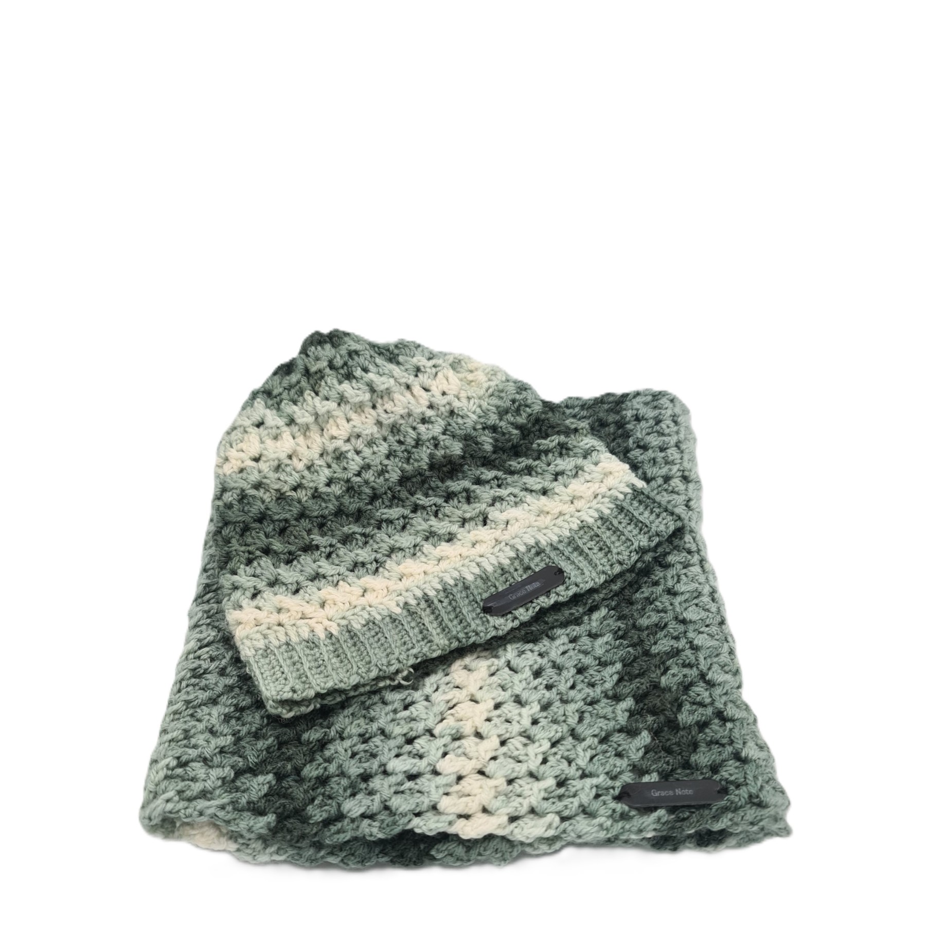 Handmade crochet beanie hat and cowl set in sage green and cream