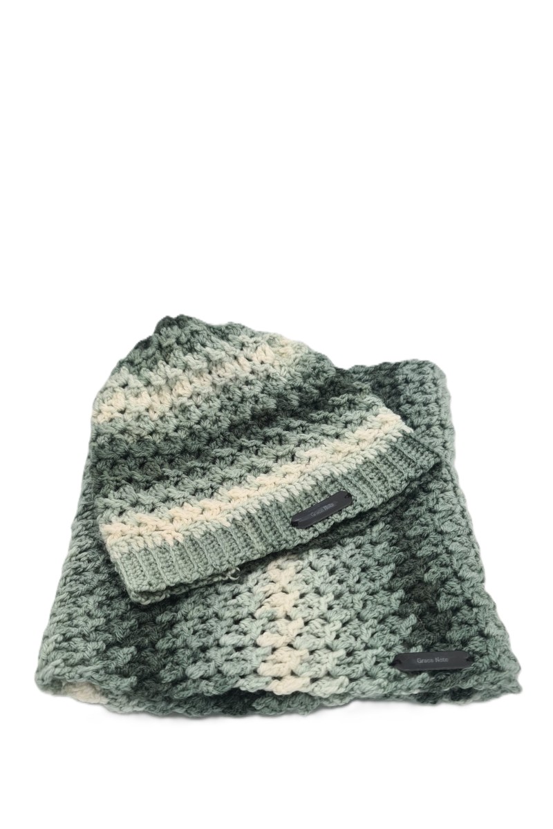 Handmade crochet beanie hat and cowl set in sage green and cream