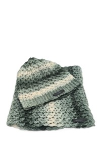 Handmade crochet beanie hat and cowl set in sage green and cream