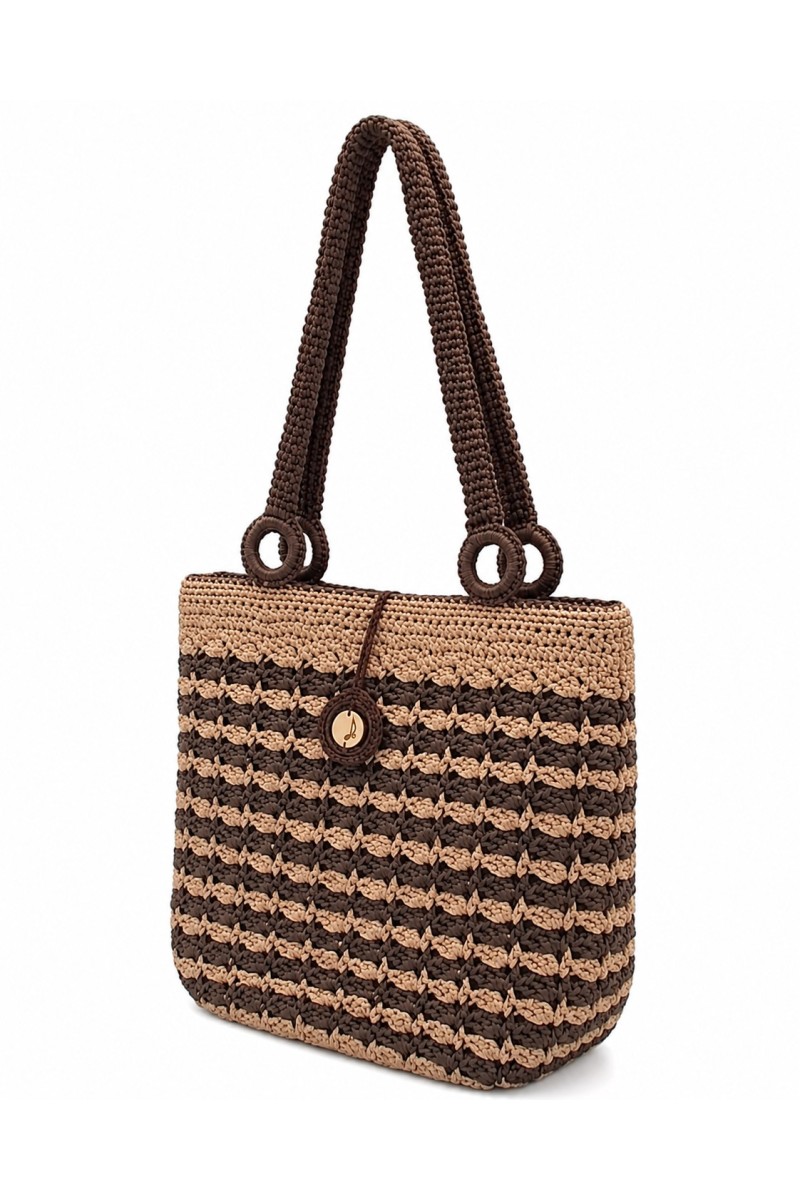Side view of Petra handmade crochet tote bag in beige and brown colors