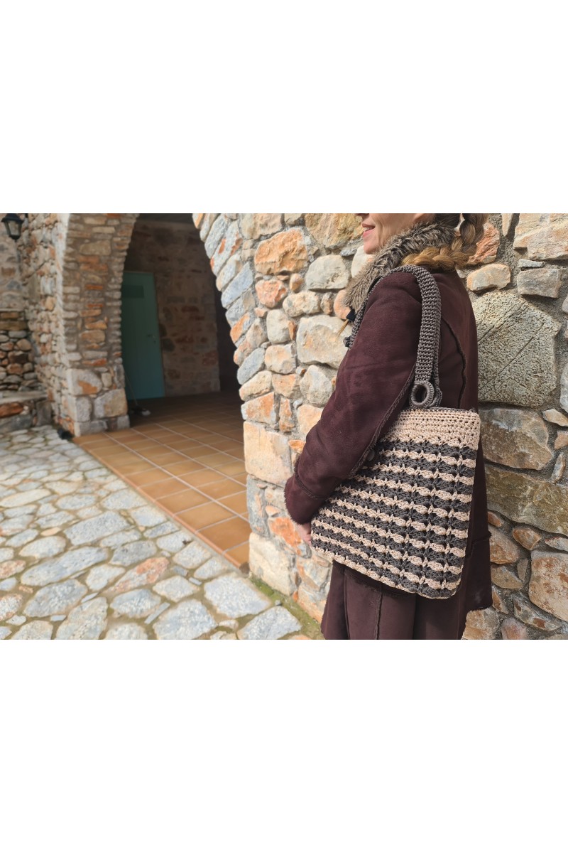 Petra handmade crochet tote bag in beige and brown by Grace Note