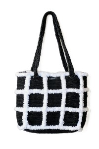 Front view of the Artemis black and white handmade crochet tote bag by Grace Note.