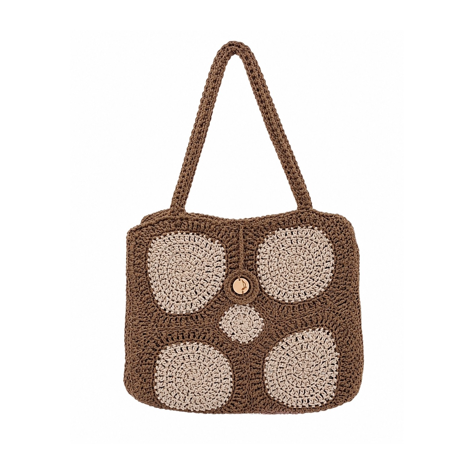 Front view of the Melia brown and ecru handmade crochet tote bag by Grace Note.