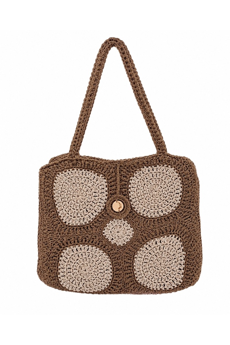 Front view of the Melia brown and ecru handmade crochet tote bag by Grace Note.