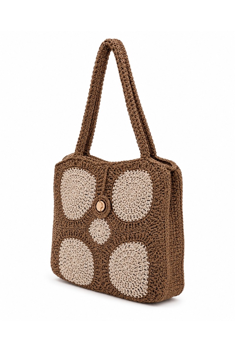 Side view of the Melia brown and ecru handmade crochet tote bag by Grace Note.