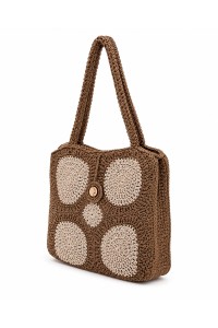 Side view of the Melia brown and ecru handmade crochet tote bag by Grace Note.