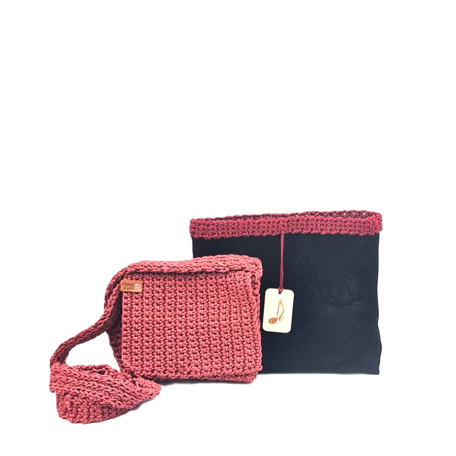Rosetta handmade crochet crossbody bag with matching dust bag by Grace Note, handcrafted in Greece.