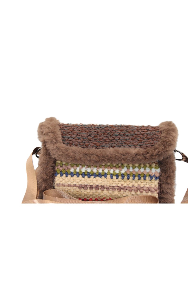 Front view of the Grace Note Thoosa Handmade Art Bag featuring handcrafted embroidery and faux fur details