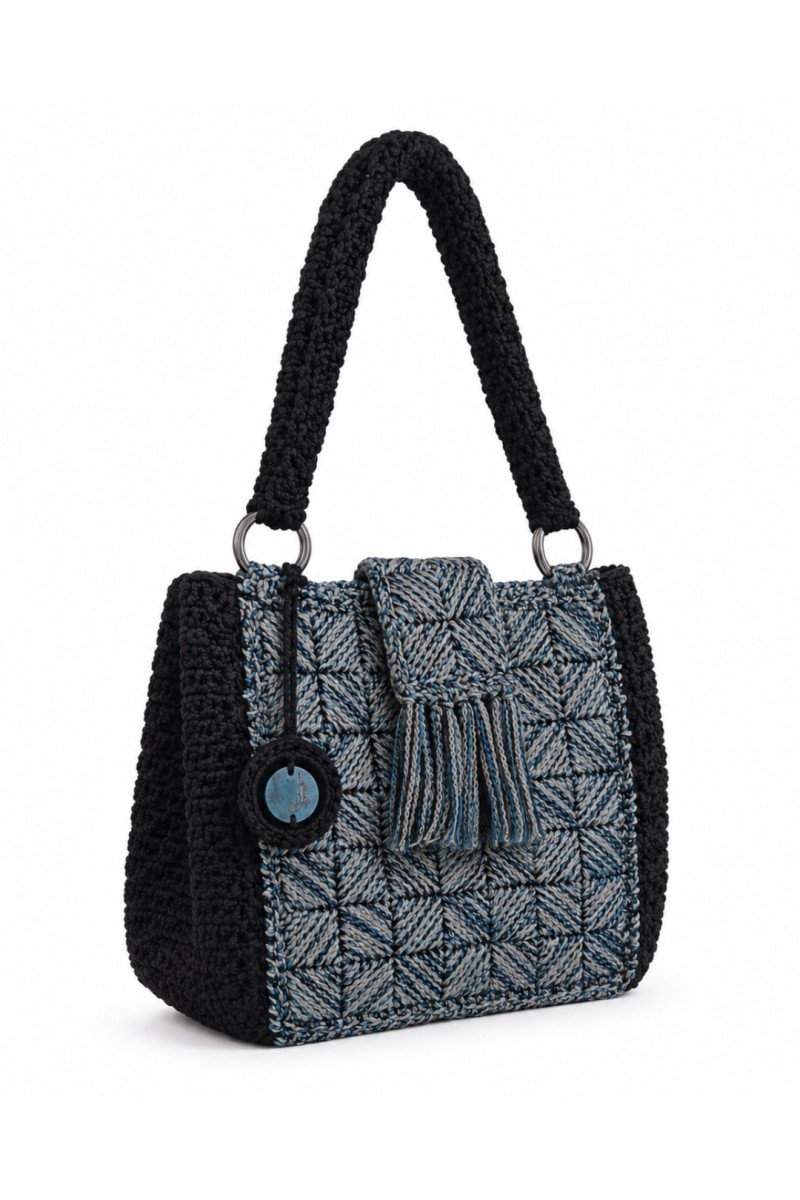 Side view of the Azzura Handmade Crochet Shoulder Bag highlighting its handcrafted crochet construction and elegant silhouette.