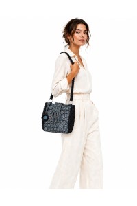 Azzura Handmade Crochet Shoulder Bag worn by model, handcrafted by Grace Note and made in Greece.