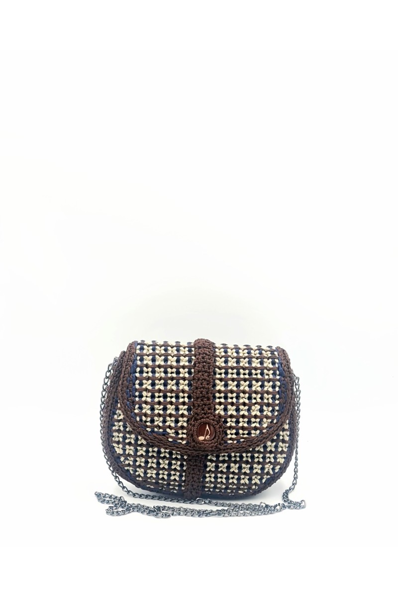 Front view of Alkinoe handmade art  bag with brown blue and grey embroidery