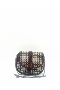 Front view of Alkinoe handmade art  bag with brown blue and grey embroidery