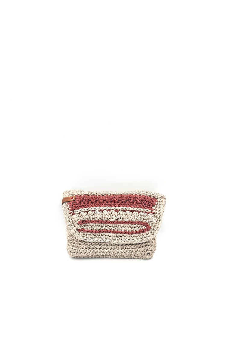 Fliskouni Handmade Crochet Wallet in beige with coral details by Grace Note Made in Greece