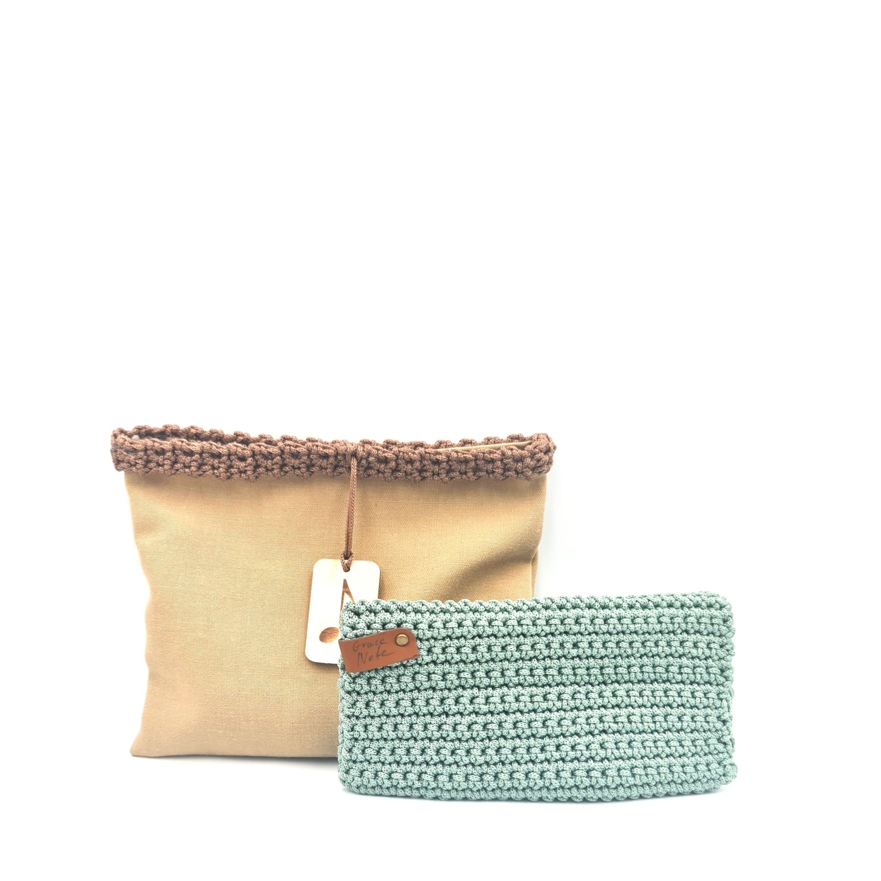 Mint green handmade crochet wallet with matching handmade fabric pouch