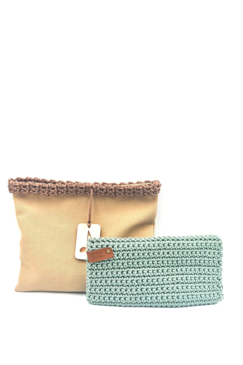Mint green handmade crochet wallet with matching handmade fabric pouch