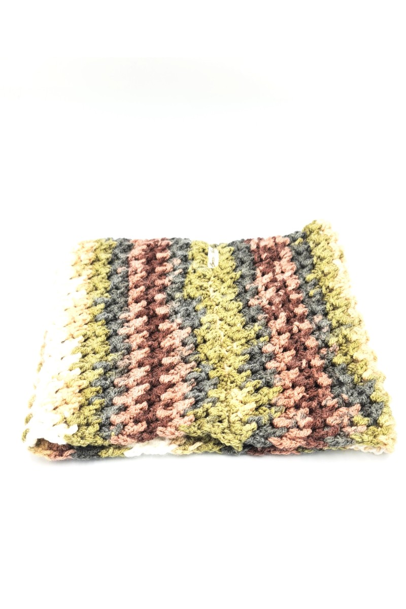 Handmade crochet neck warmer in cream, olive and grey.