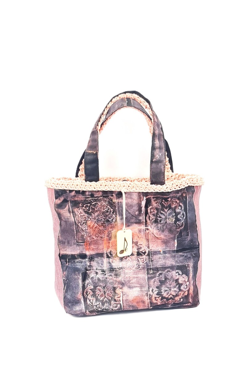 Hand-printed handmade crochet bag packaging