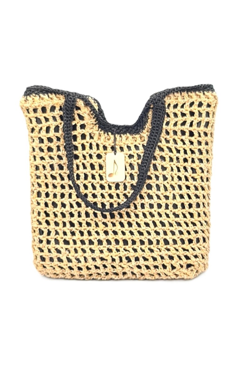 Zea. Handmade crocheted straw bag- Beige - Black