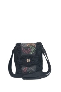 Front view of Theisoa handmade art bag featuring flowing painted lines on black canvas
