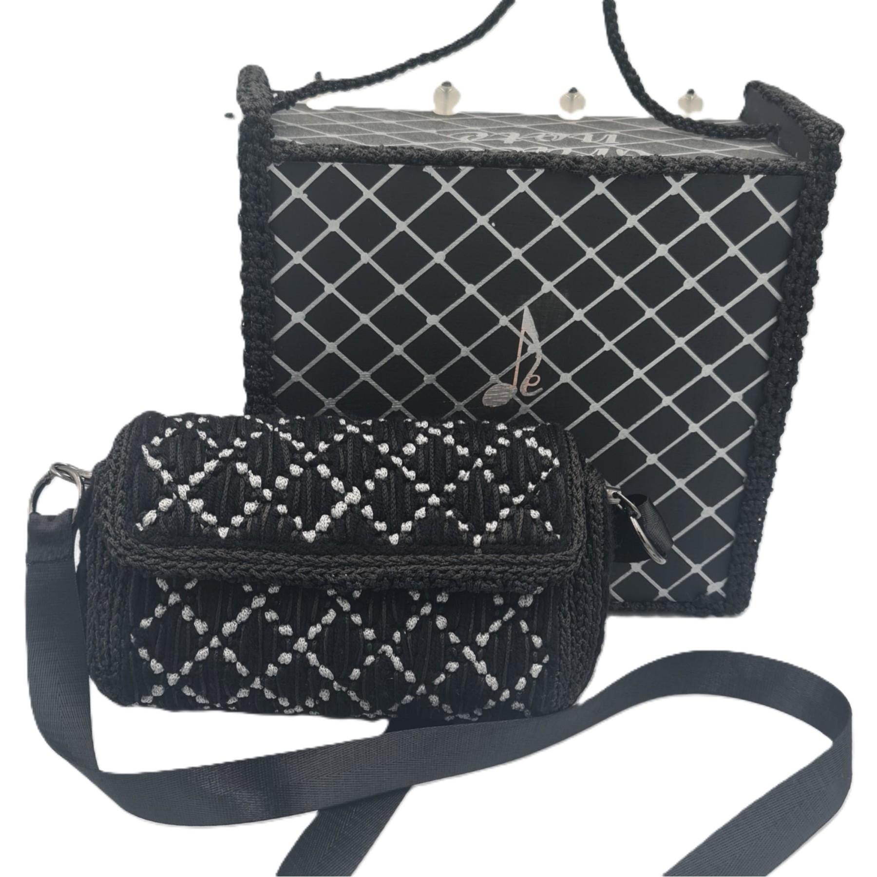 Ava handmade art embroidered bag in black and white geometric pattern