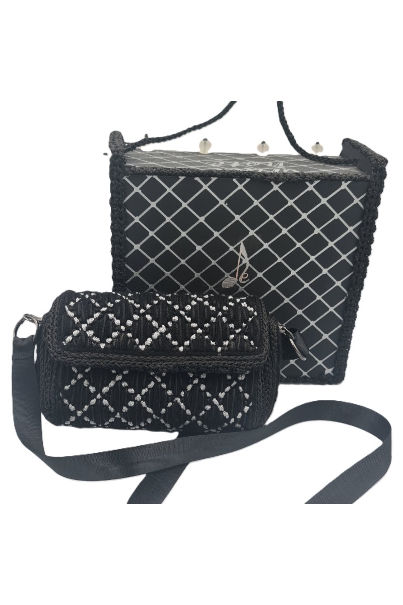 Ava handmade art embroidered bag in black and white geometric pattern