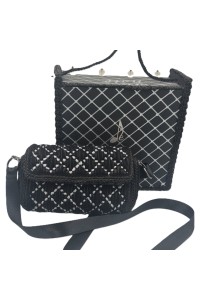 Ava handmade art embroidered bag in black and white geometric pattern