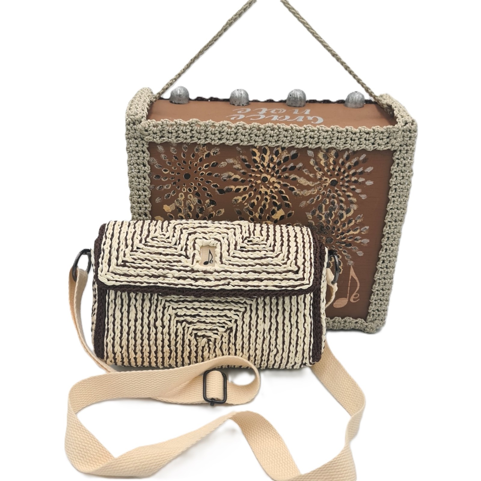 Eurydice one of a kind bag in ecru straw and chocolate tones