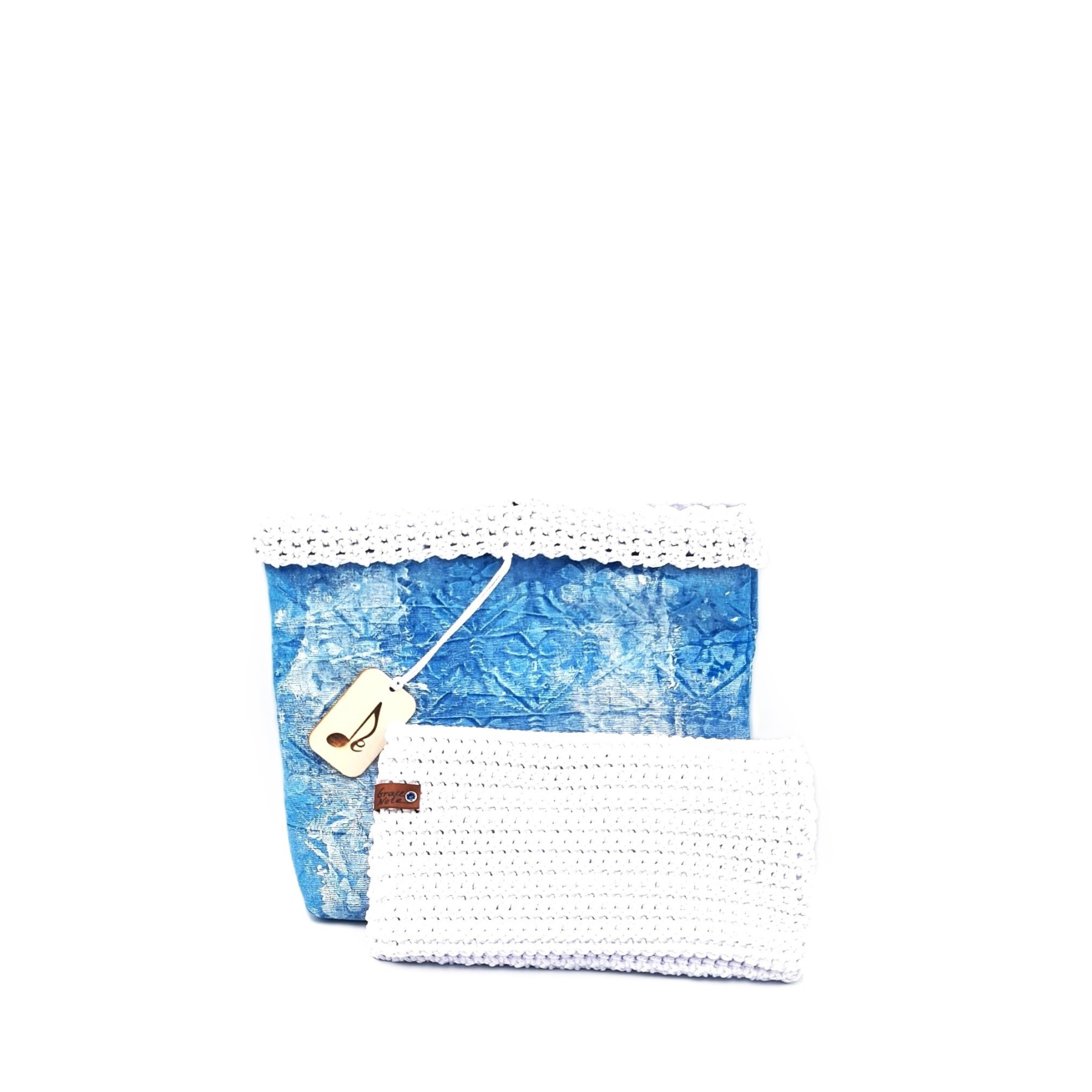 Thymbra Handmade Crochet Wallet in white and blue by Grace Note Made in Greece