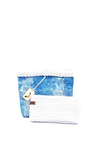 Thymbra Handmade Crochet Wallet in white and blue by Grace Note Made in Greece