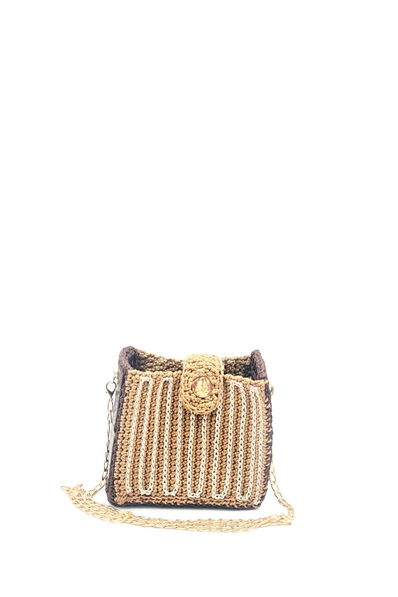 Front view of Agno handmade crochet bag with golden details