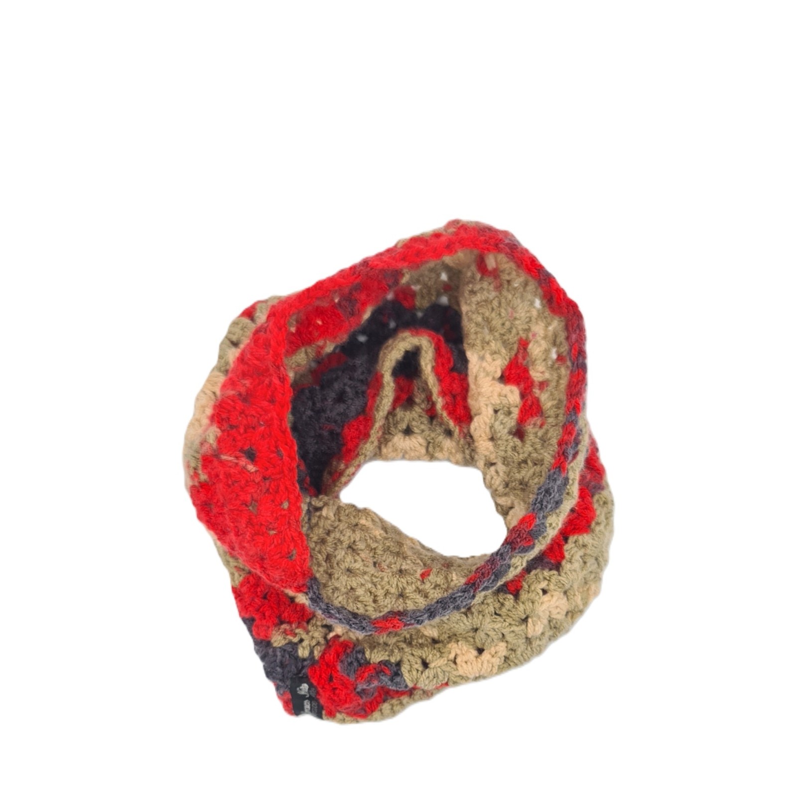 Handmade crochet neck warmer in red, beige and charcoal.